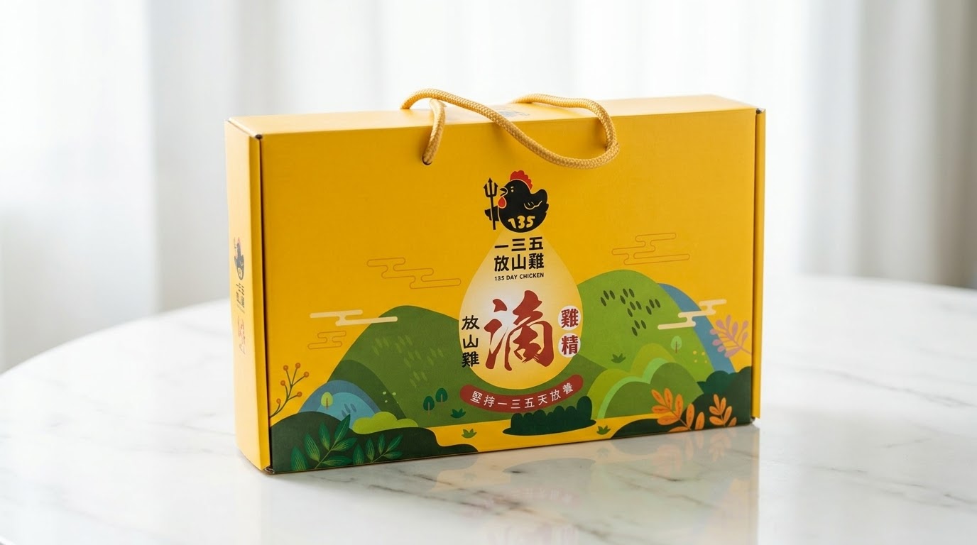 一三五放山雞滴雞精金色禮盒正面與提把